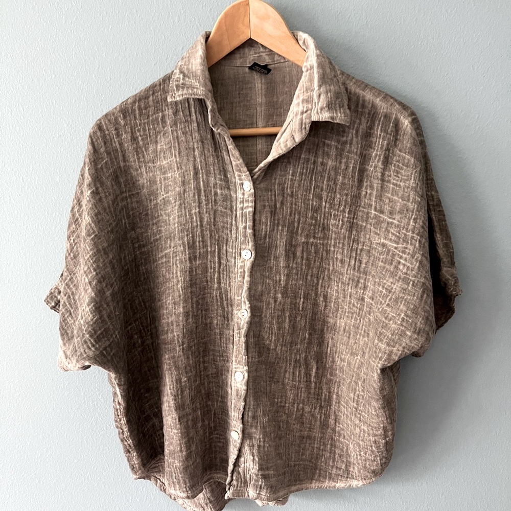 Linen Crop Dolman Short Sleeve Grey Top